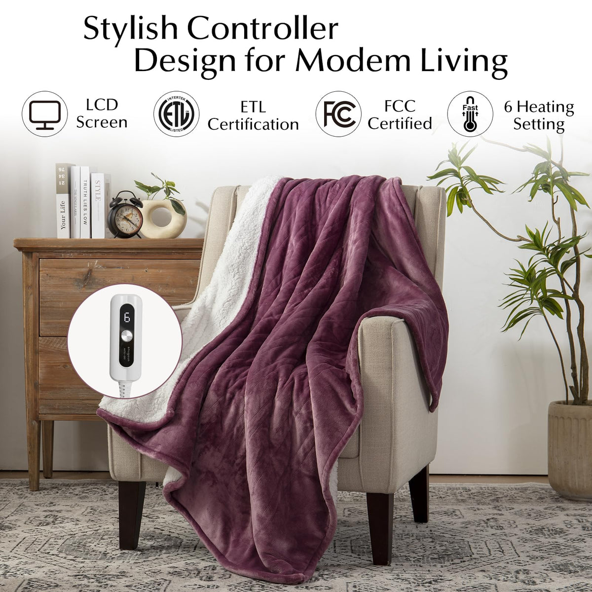 SNUGSUN Heated Blanket Throw Size, Soft and Cozy Electric Heating Blanket for Bed, Automatic Safety System 6 Heating Levels & 4 Hours Auto-Off Gift for Grandma,50" x 60" London Grey