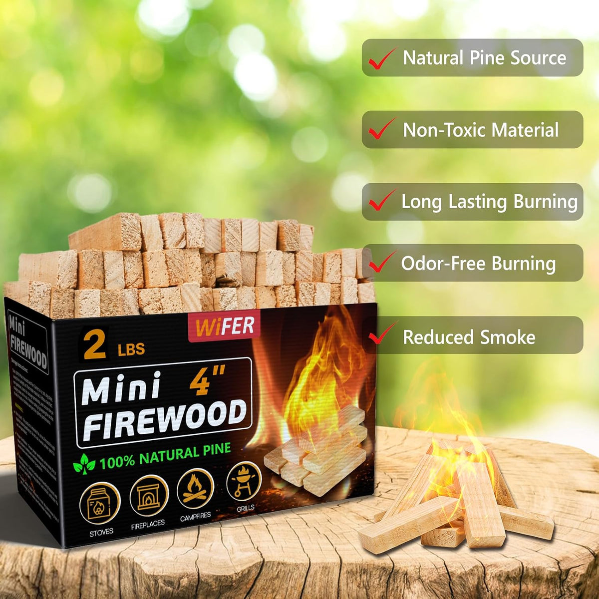 Mini Fire Stick, 4'' Kiln-Dried Pine Great Firewood for Wood Stoves, Tabletop Fire Pit, BBQ Grill, Pizza Oven, Solo Stove Accessories, BBQ Accessories, 2 lb Box