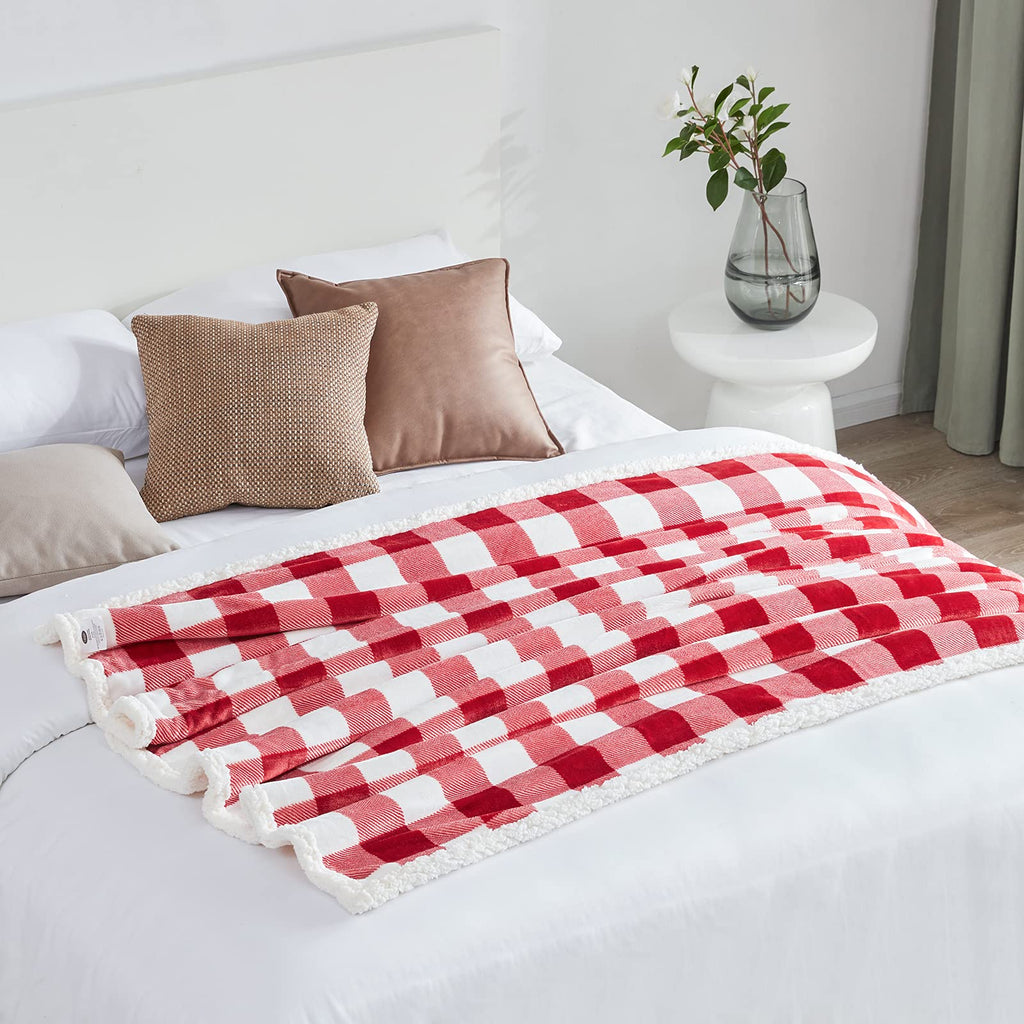 Touchat Sherpa Red and Black Buffalo Plaid Christmas Twin Blanket 60" X 70", Fuzzy Fluffy Soft Cozy Throw Blanket, Fleece Flannel Plush Microfiber Blanket for Couch Bed Sofa