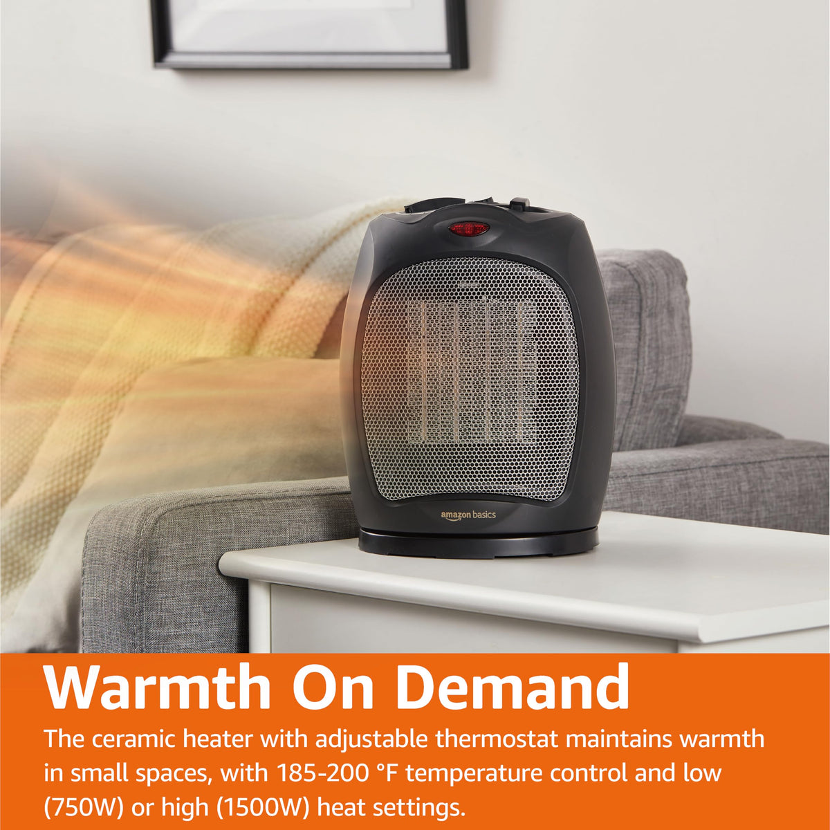 Amazon Basics Ceramic Space Heater, Portable Indoor Heating Solution, With Overheat and Tip-Over Protection, Thermostat, Non-Oscillating, 1500W, 7.52"D x 6.34"W x 9.45"H, Black
