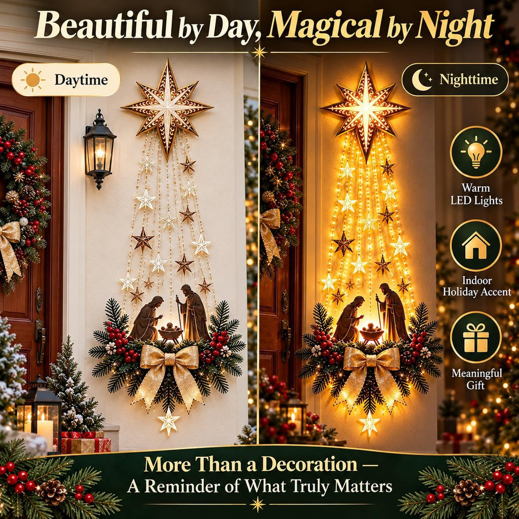 2027 New Bethlehem Star of Faith Lighted Nativity Wall Decor, Lighted Nativity Wall Decor, Led Bethlehem Star of Faith with Holy Family Scene And Warm Lights for Home, Fireplace & Entryway，1pc