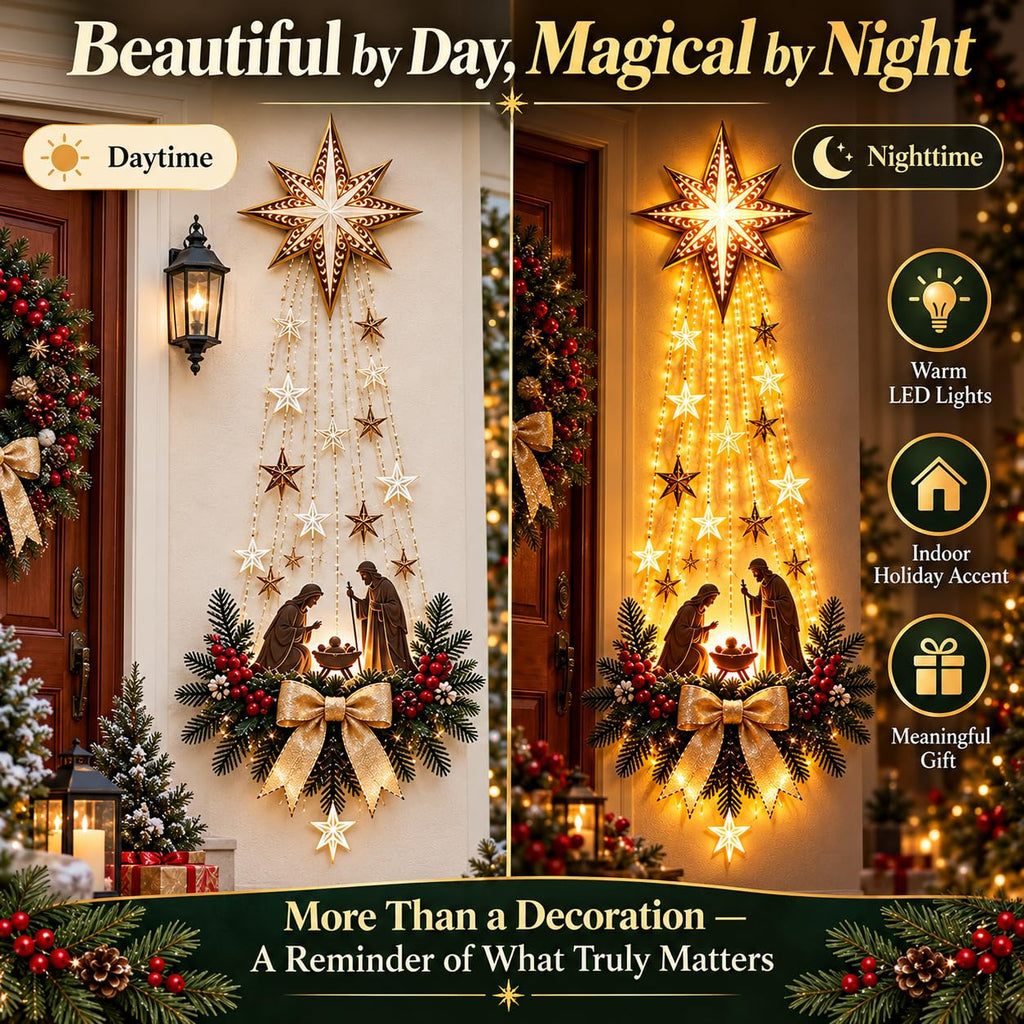 2027 New Bethlehem Star of Faith Lighted Nativity Wall Decor, Lighted Nativity Wall Decor, Led Bethlehem Star of Faith with Holy Family Scene And Warm Lights for Home, Fireplace & Entryway，1pc