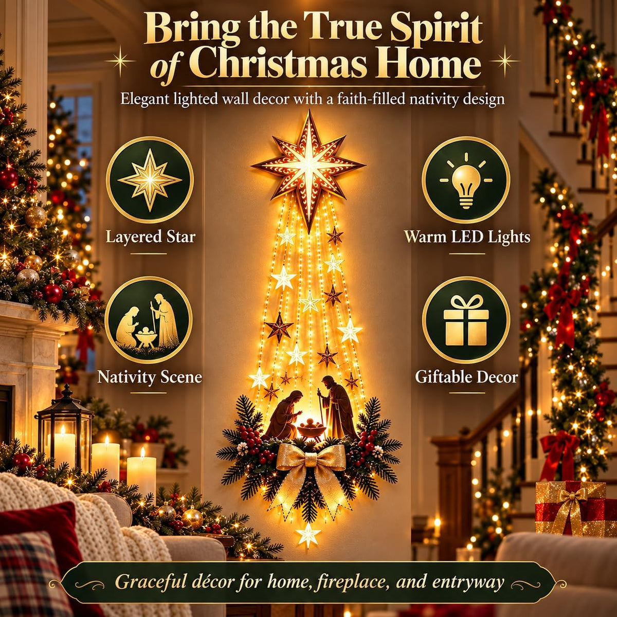 2027 New Bethlehem Star of Faith Lighted Nativity Wall Decor, Lighted Nativity Wall Decor, Led Bethlehem Star of Faith with Holy Family Scene And Warm Lights for Home, Fireplace & Entryway，1pc