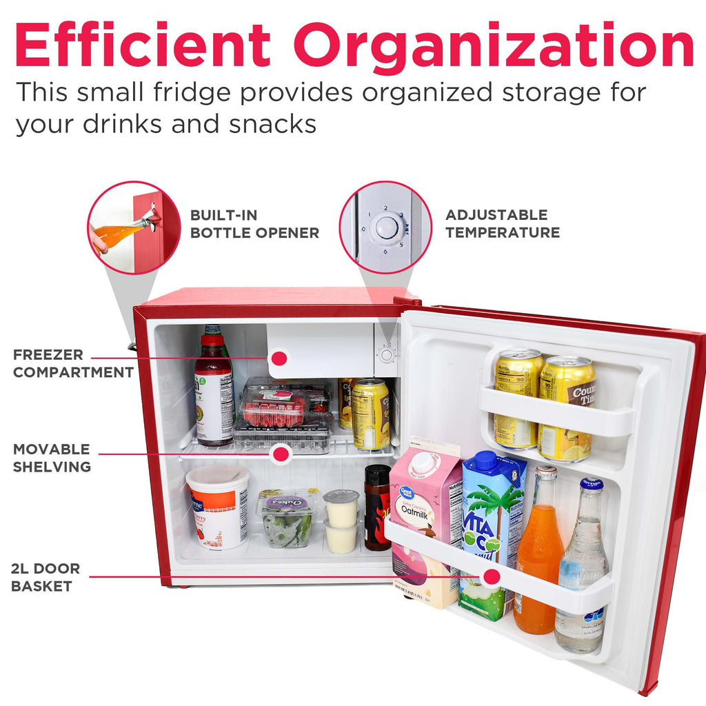 Frigidaire Retro Compact Fridge with Chiller, Countertop, Built-in Bottle Opener, Compact Refrigerator 1.6 cu ft, Mini Fridge for Office, Bedroom, Dorm Room or Cabin - 16" D x 18" W x 18.5" H (White)