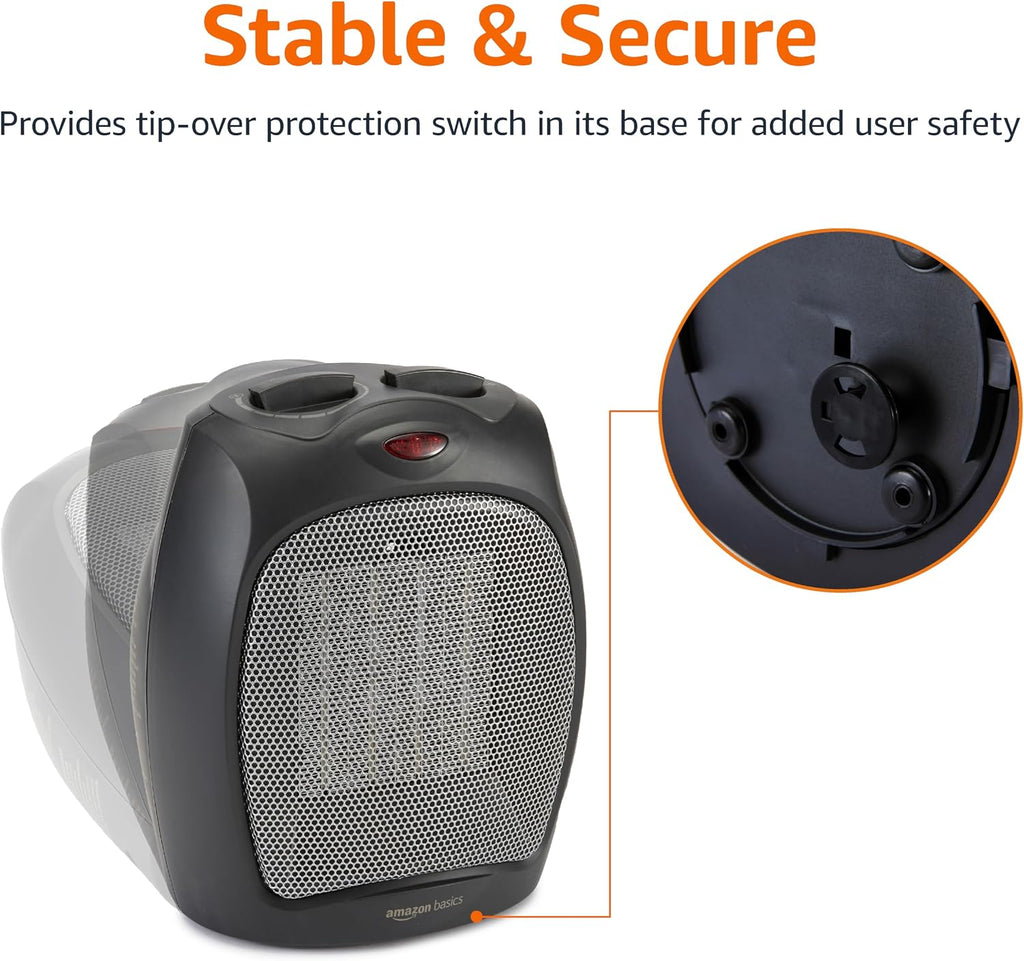 Amazon Basics Ceramic Space Heater, Portable Indoor Heating Solution, With Overheat and Tip-Over Protection, Thermostat, Non-Oscillating, 1500W, 7.52"D x 6.34"W x 9.45"H, Black