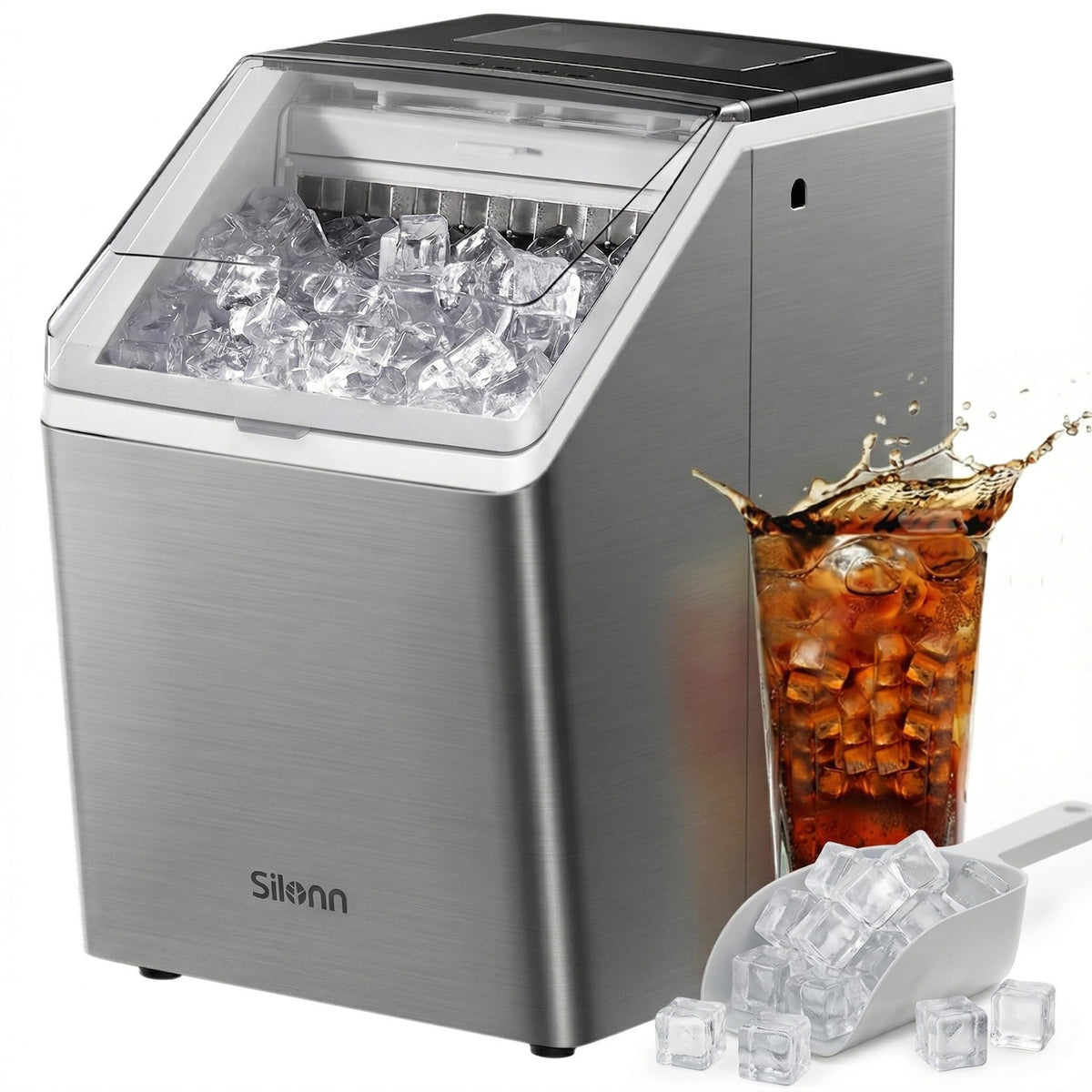 Silonn Ice Maker Countertop, Portable Ice Machine with Carry Handle, Self-Cleaning Ice Makers with Basket and Scoop, 9 Cubes in 6 Mins, 26 lbs per Day, Ideal for Home, Kitchen, Camping, RV