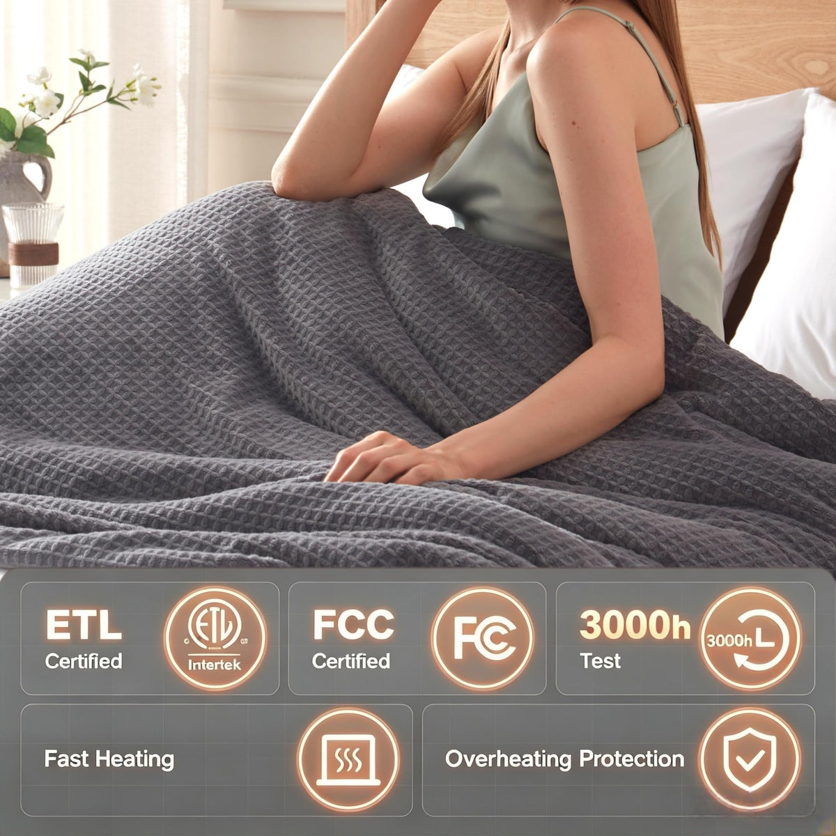 SNUGSUN Heated Blanket Throw Size, Soft and Cozy Electric Heating Blanket for Bed, Automatic Safety System 6 Heating Levels & 4 Hours Auto-Off Gift for Grandma,50" x 60" London Grey