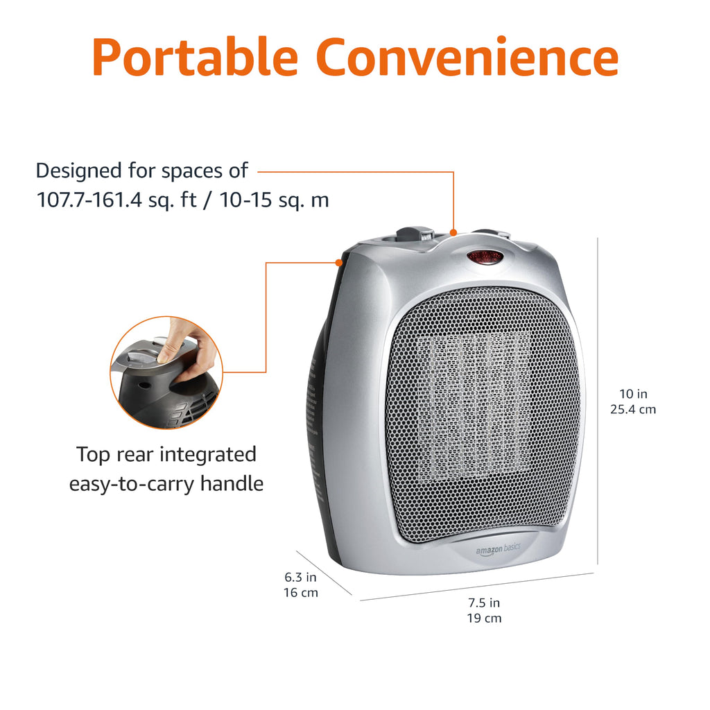 Amazon Basics Ceramic Space Heater, Portable Indoor Heating Solution, With Overheat and Tip-Over Protection, Thermostat, Non-Oscillating, 1500W, 7.52"D x 6.34"W x 9.45"H, Black