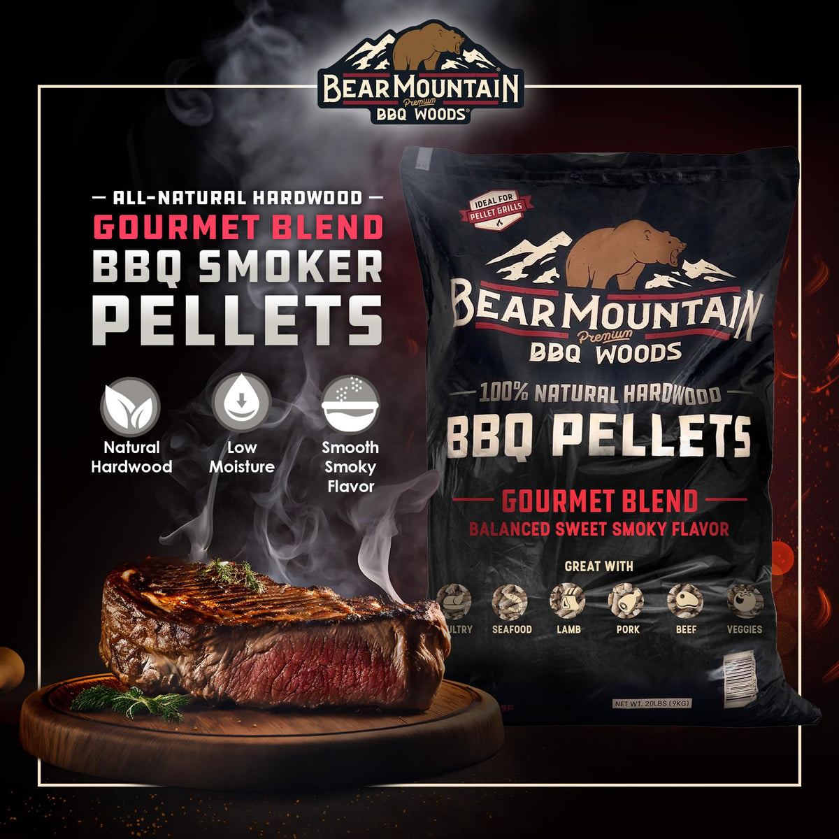 Bear Mountain 2-Pack All Natural Wood Pellets for Smoker, Grill & BBQ, 20 Lbs, Cherry - Premium Hardwood Barbecue Pellets for Indoor and Outdoor Grilling