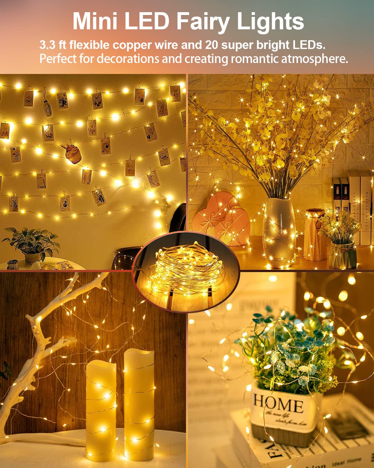 20 Pack Fairy Lights Battery Operated, 3.3ft 20 LED Mini String Lights Twinkle Lights Copper Wire Firefly Starry Lights for Mason Jars Wedding Party Christmas Centerpiece Table Decorations, Warm White