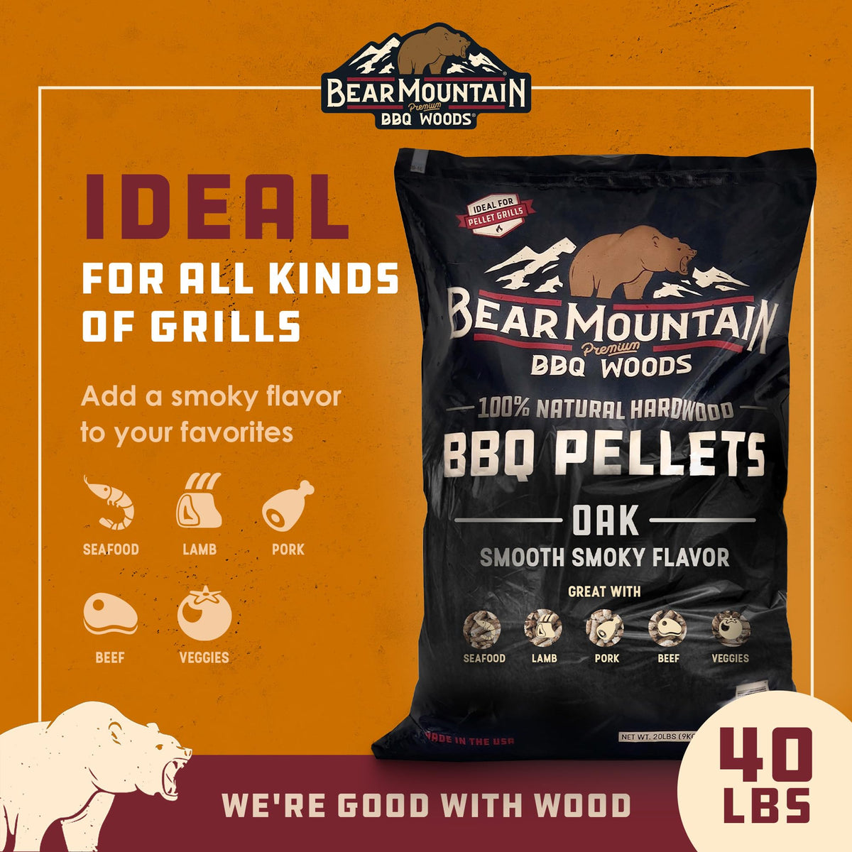 Bear Mountain 2-Pack All Natural Wood Pellets for Smoker, Grill & BBQ, 20 Lbs, Cherry - Premium Hardwood Barbecue Pellets for Indoor and Outdoor Grilling