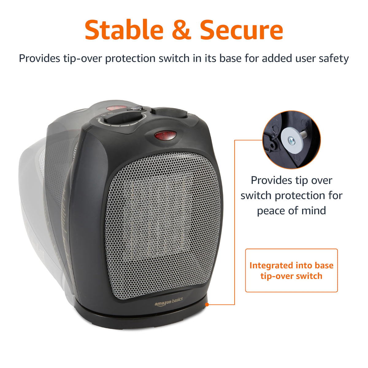 Amazon Basics Ceramic Space Heater, Portable Indoor Heating Solution, With Overheat and Tip-Over Protection, Thermostat, Non-Oscillating, 1500W, 7.52"D x 6.34"W x 9.45"H, Black