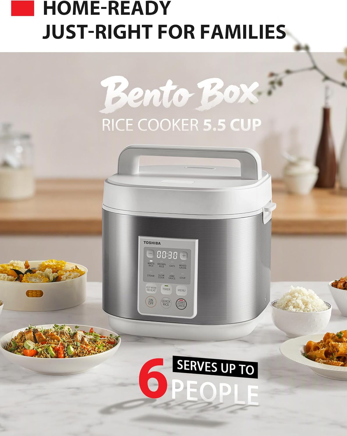 TOSHIBA Rice Cooker Heritage Bento Box, Digital Control, 5.5-Cup Uncooked Rice Capacity, 9 Functions with 3D Heating and 24-Hour Auto Keep Warm