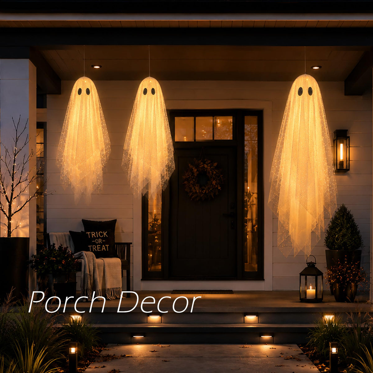 AYGXU Halloween Decorations Outdoor Indoor-5.3ft Hanging Ghost Decor with a Maple Leaf 6.6ft Swing,Ghost Light,Halloween Decor for Tree,Yard,Porch,Garden