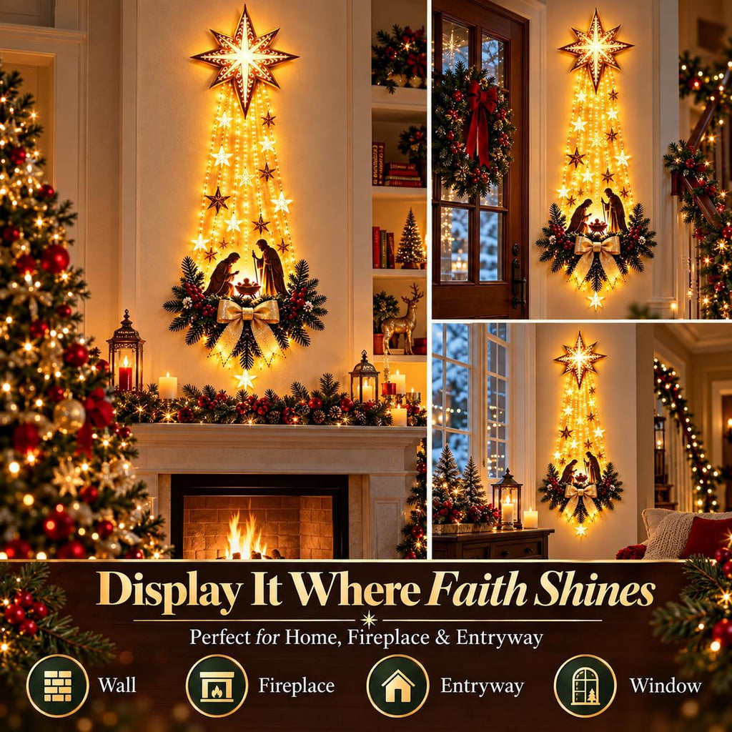 2027 New Bethlehem Star of Faith Lighted Nativity Wall Decor, Lighted Nativity Wall Decor, Led Bethlehem Star of Faith with Holy Family Scene And Warm Lights for Home, Fireplace & Entryway，1pc