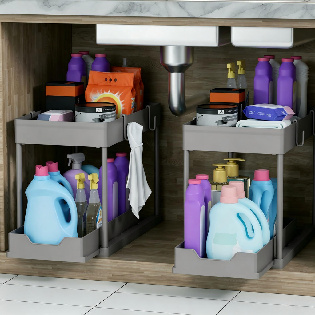 DEKAVA Under Sink Organizer 2 Pack, Bathroom Cabinet Organizer, 2 Tier Sliding Cabinet Basket Organizer Drawer, Multi-Purpose Bath Collection Baskets for Bathroom (Black)