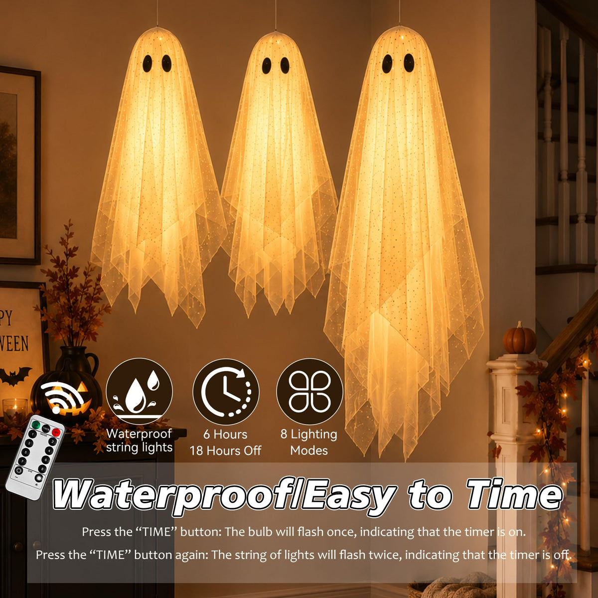 AYGXU Halloween Decorations Outdoor Indoor-5.3ft Hanging Ghost Decor with a Maple Leaf 6.6ft Swing,Ghost Light,Halloween Decor for Tree,Yard,Porch,Garden