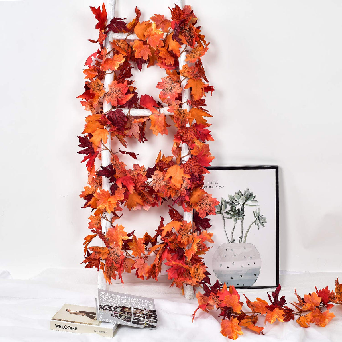 DearHouse 2 Pack Fall Garland Maple Leaf, 5.9Ft/Piece Hanging Vine Garland Artificial Autumn Foliage Garland Thanksgiving Decor for Home Wedding Fireplace Party Christmas (Green)
