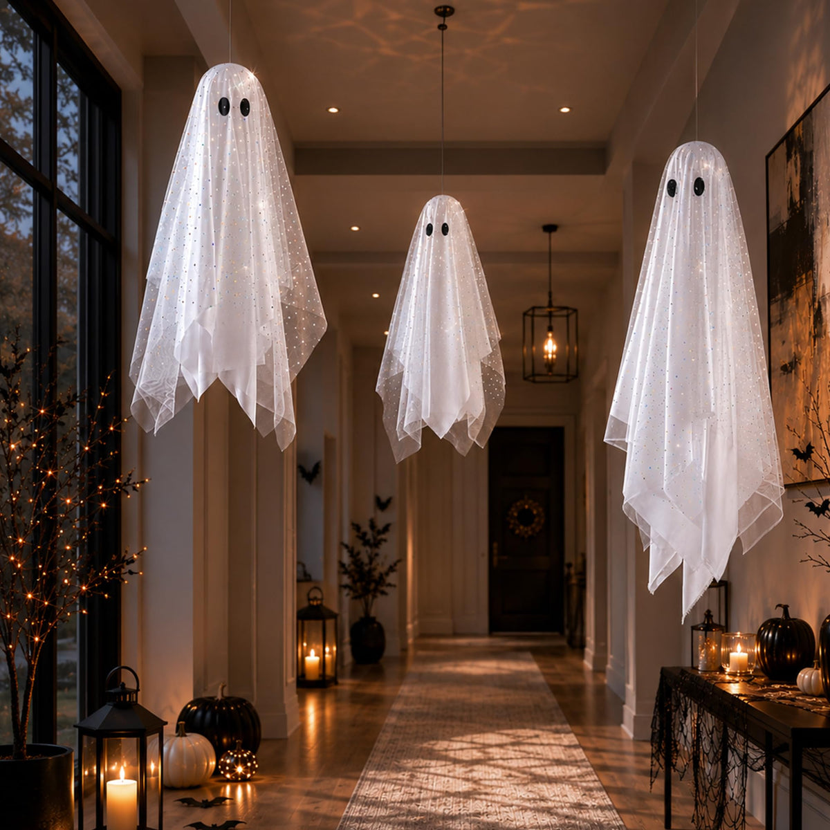 AYGXU Halloween Decorations Outdoor Indoor-5.3ft Hanging Ghost Decor with a Maple Leaf 6.6ft Swing,Ghost Light,Halloween Decor for Tree,Yard,Porch,Garden
