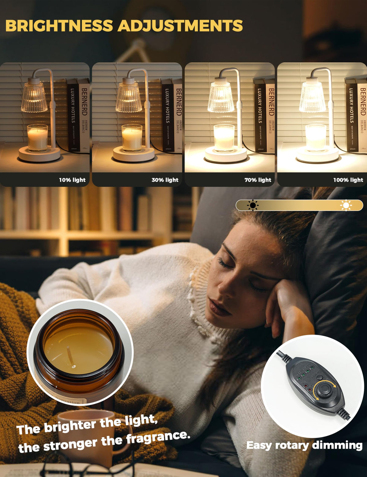 Gold Candle Warmer Lamp with 24h Cycle Timer, Dimmable Wax Melt Warmer