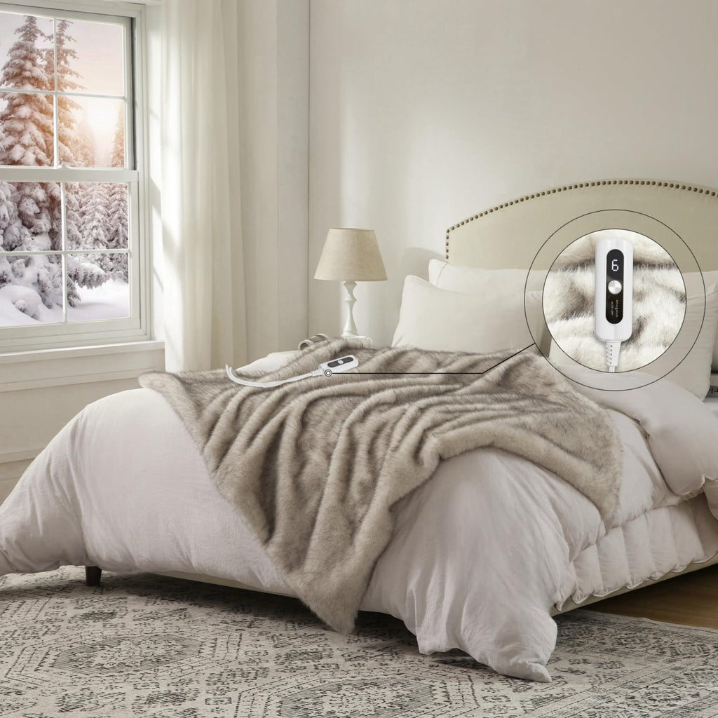 SNUGSUN Heated Blanket Throw Size, Soft and Cozy Electric Heating Blanket for Bed, Automatic Safety System 6 Heating Levels & 4 Hours Auto-Off Gift for Grandma,50" x 60" London Grey