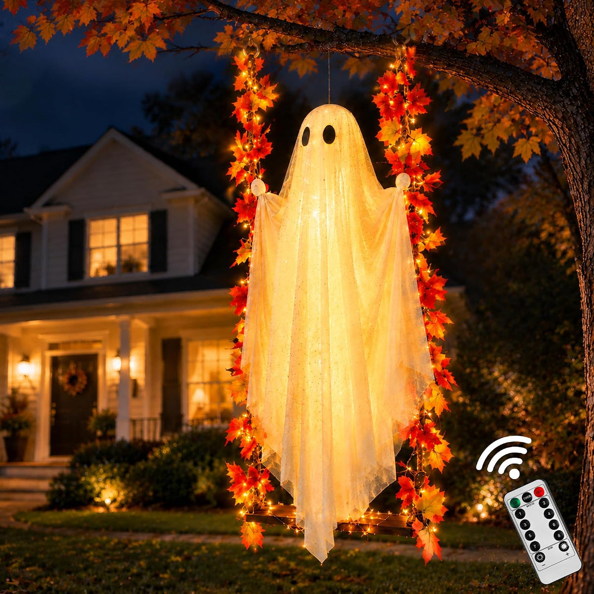 AYGXU Halloween Decorations Outdoor Indoor-5.3ft Hanging Ghost Decor with a Maple Leaf 6.6ft Swing,Ghost Light,Halloween Decor for Tree,Yard,Porch,Garden