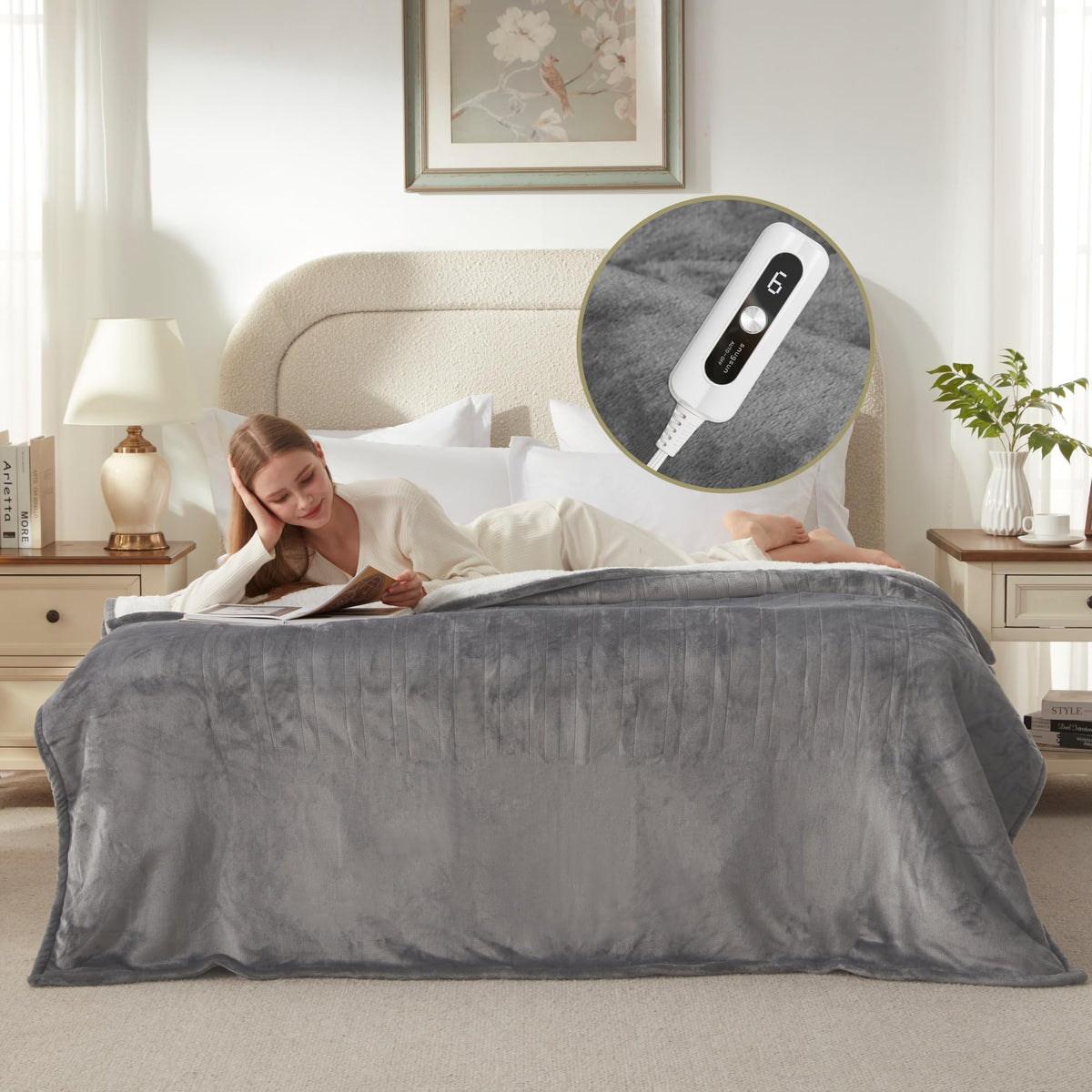 SNUGSUN Heated Blanket Throw Size, Soft and Cozy Electric Heating Blanket for Bed, Automatic Safety System 6 Heating Levels & 4 Hours Auto-Off Gift for Grandma,50" x 60" London Grey