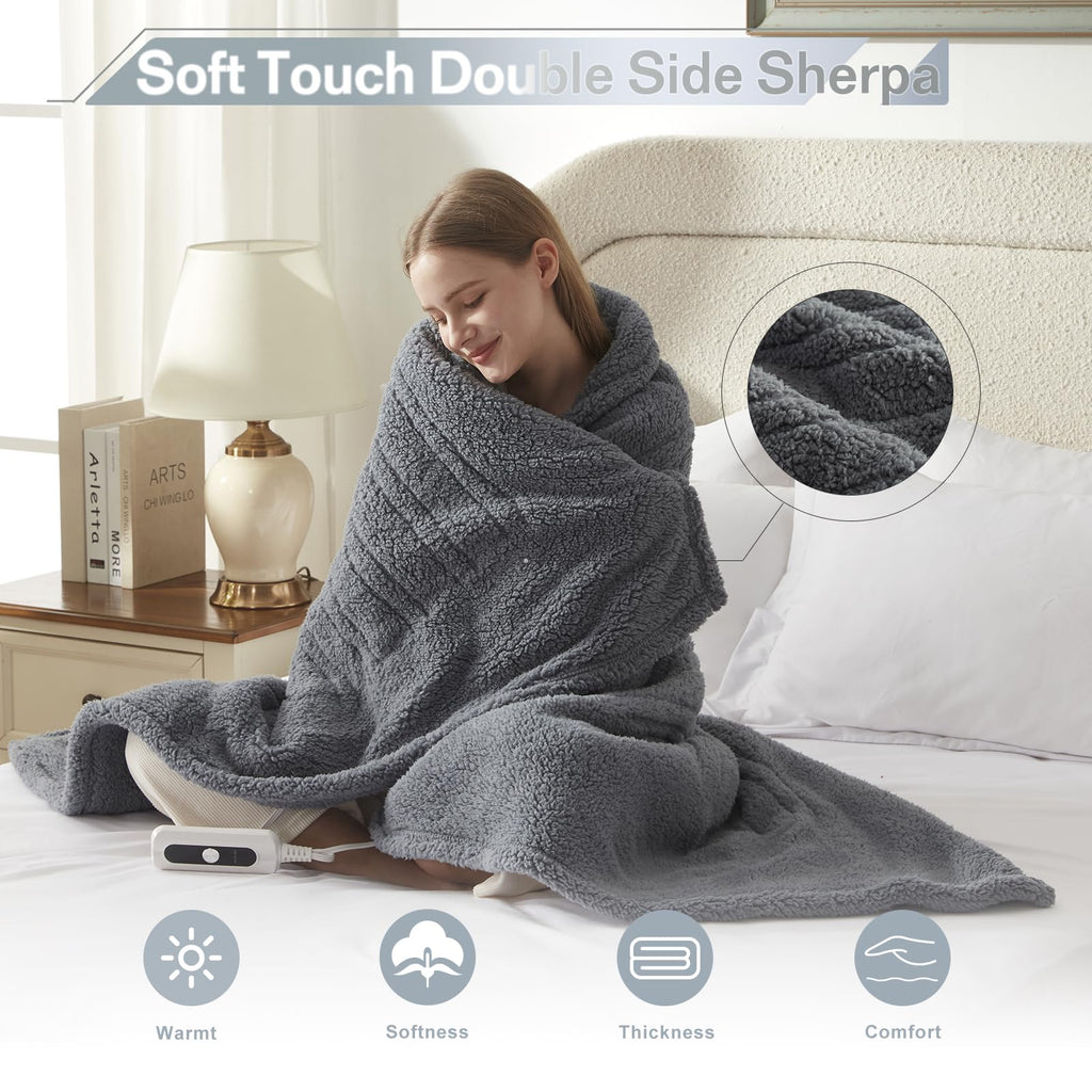 SNUGSUN Heated Blanket Throw Size, Soft and Cozy Electric Heating Blanket for Bed, Automatic Safety System 6 Heating Levels & 4 Hours Auto-Off Gift for Grandma,50" x 60" London Grey