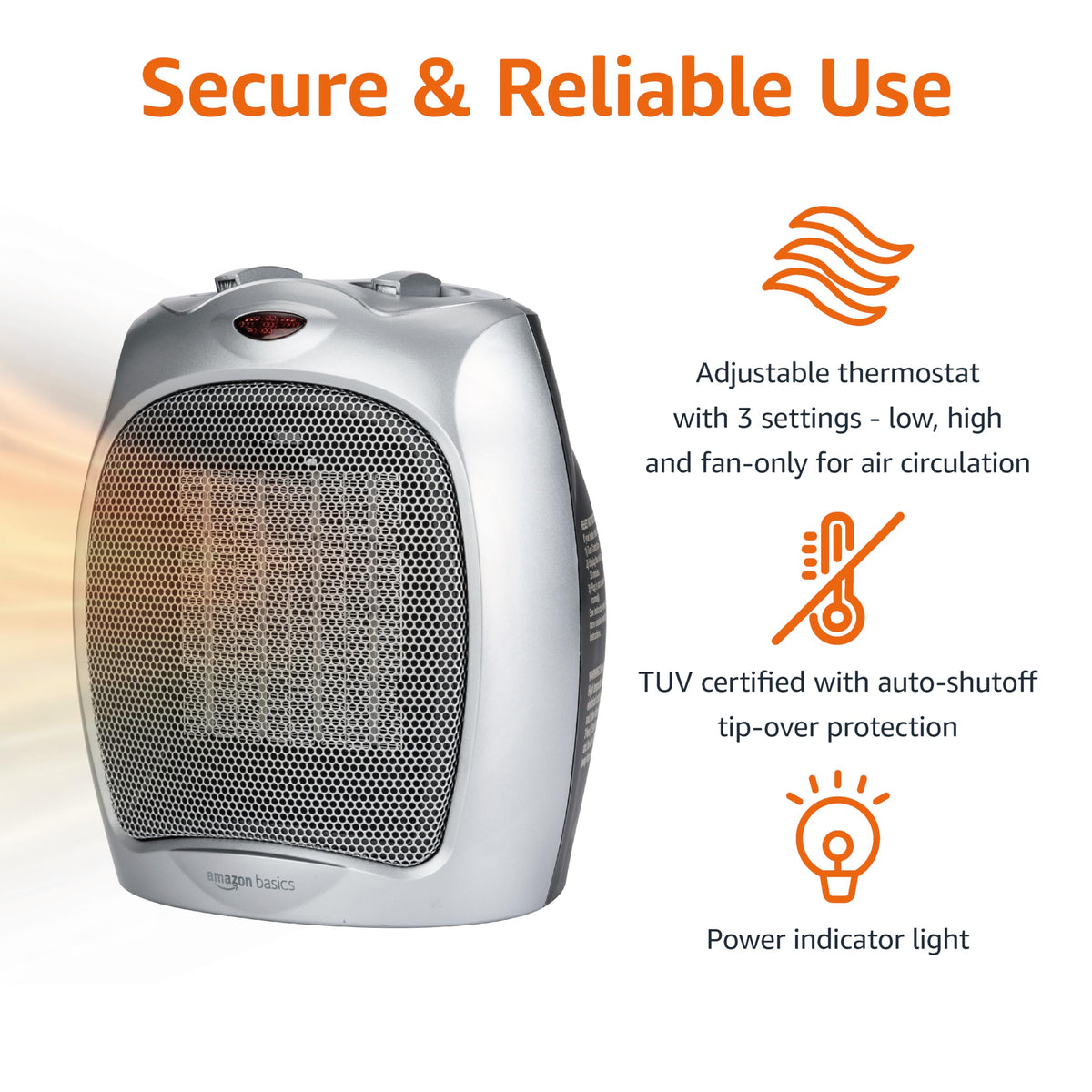 Amazon Basics Ceramic Space Heater, Portable Indoor Heating Solution, With Overheat and Tip-Over Protection, Thermostat, Non-Oscillating, 1500W, 7.52"D x 6.34"W x 9.45"H, Black