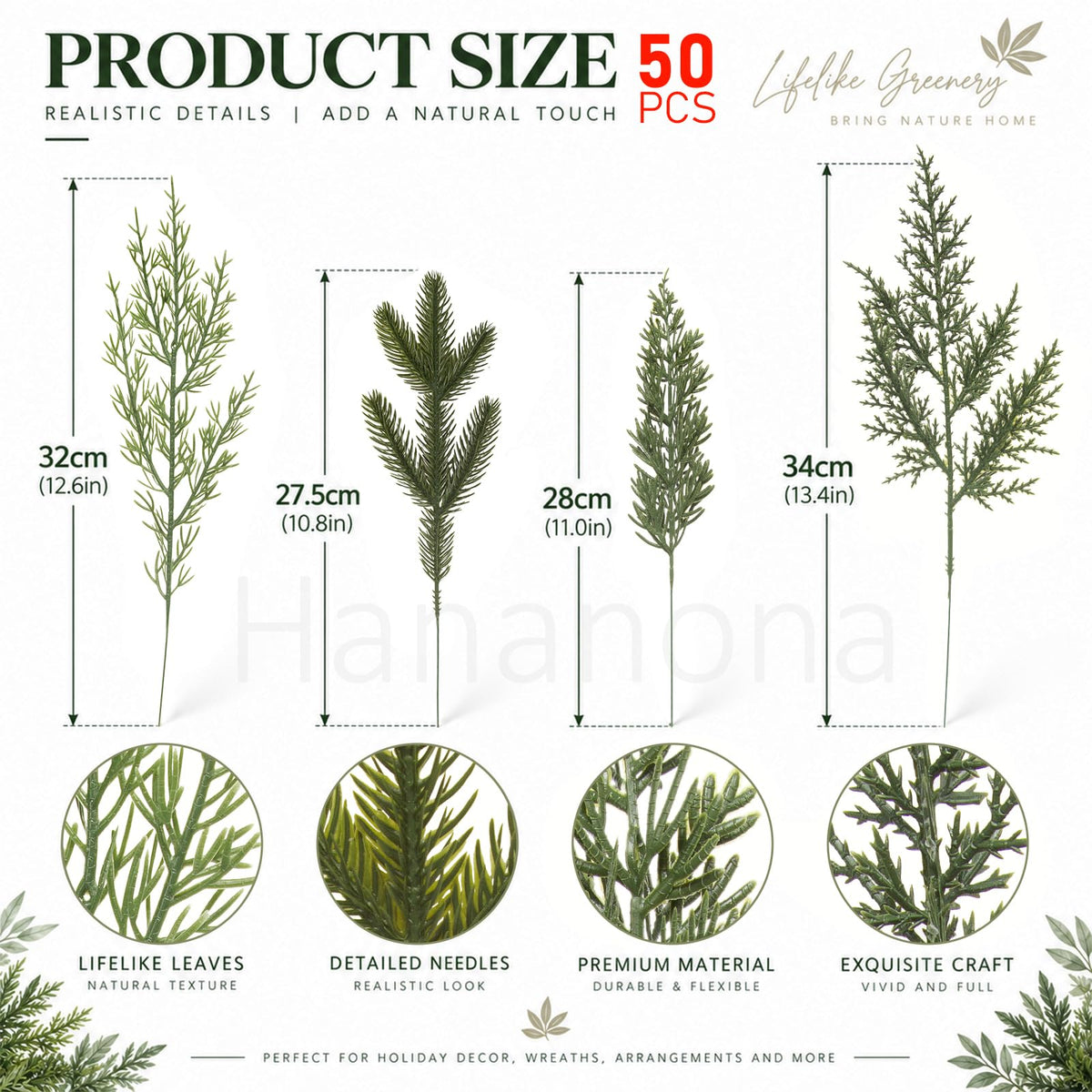 Hananona 50 Pcs Artificial Pine Needles Branches, Christmas Evergreen Picks