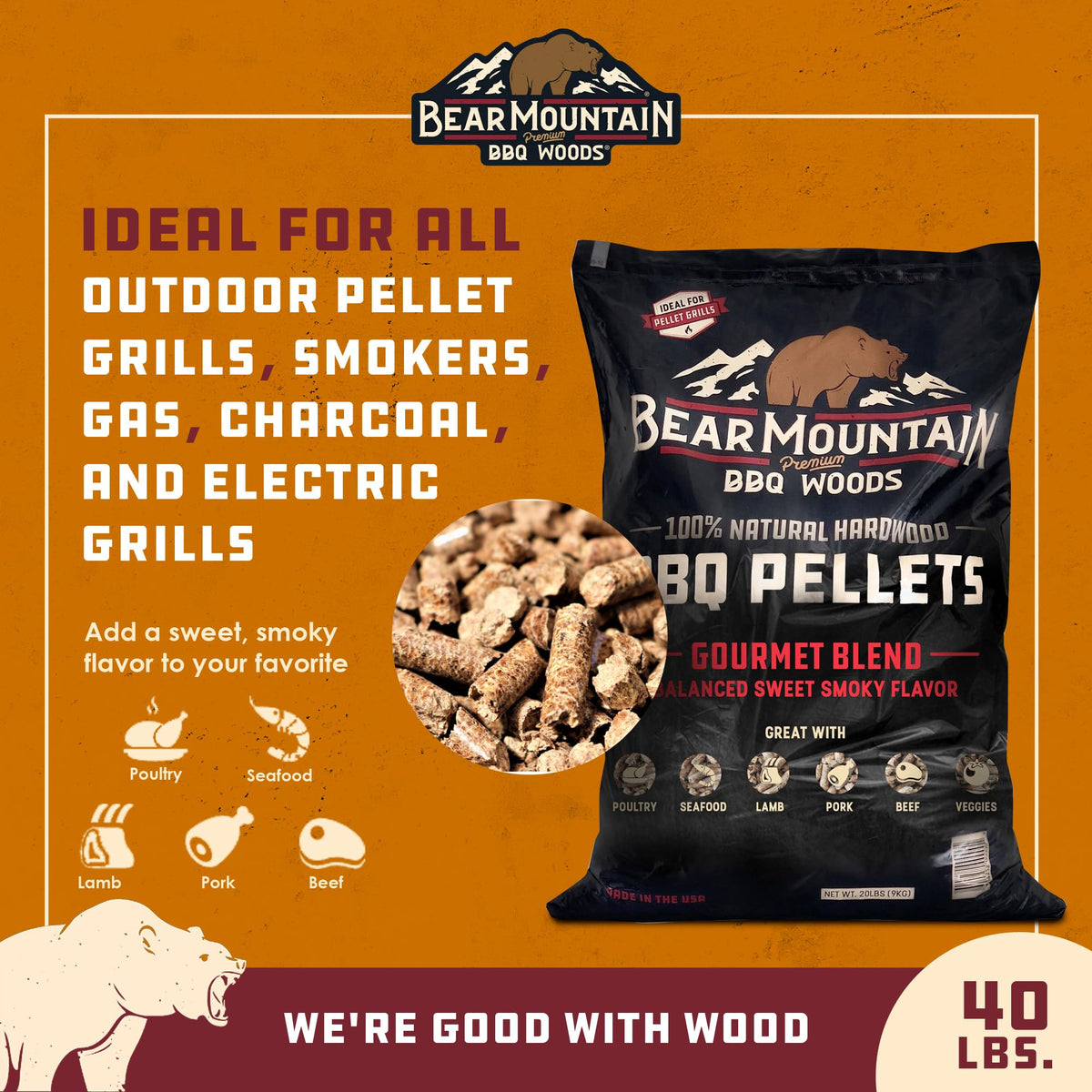 Bear Mountain 2-Pack All Natural Wood Pellets for Smoker, Grill & BBQ, 20 Lbs, Cherry - Premium Hardwood Barbecue Pellets for Indoor and Outdoor Grilling