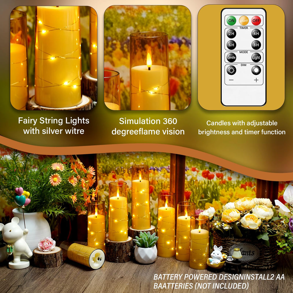 kakoya Flameless LED Candles with Timer 5 Pc Flickering Flameless Candles for Romantic Ambiance and Home Decoration Stable Acrylic Shell,with Embedded Star String，Battery Operated Candles（Grey）