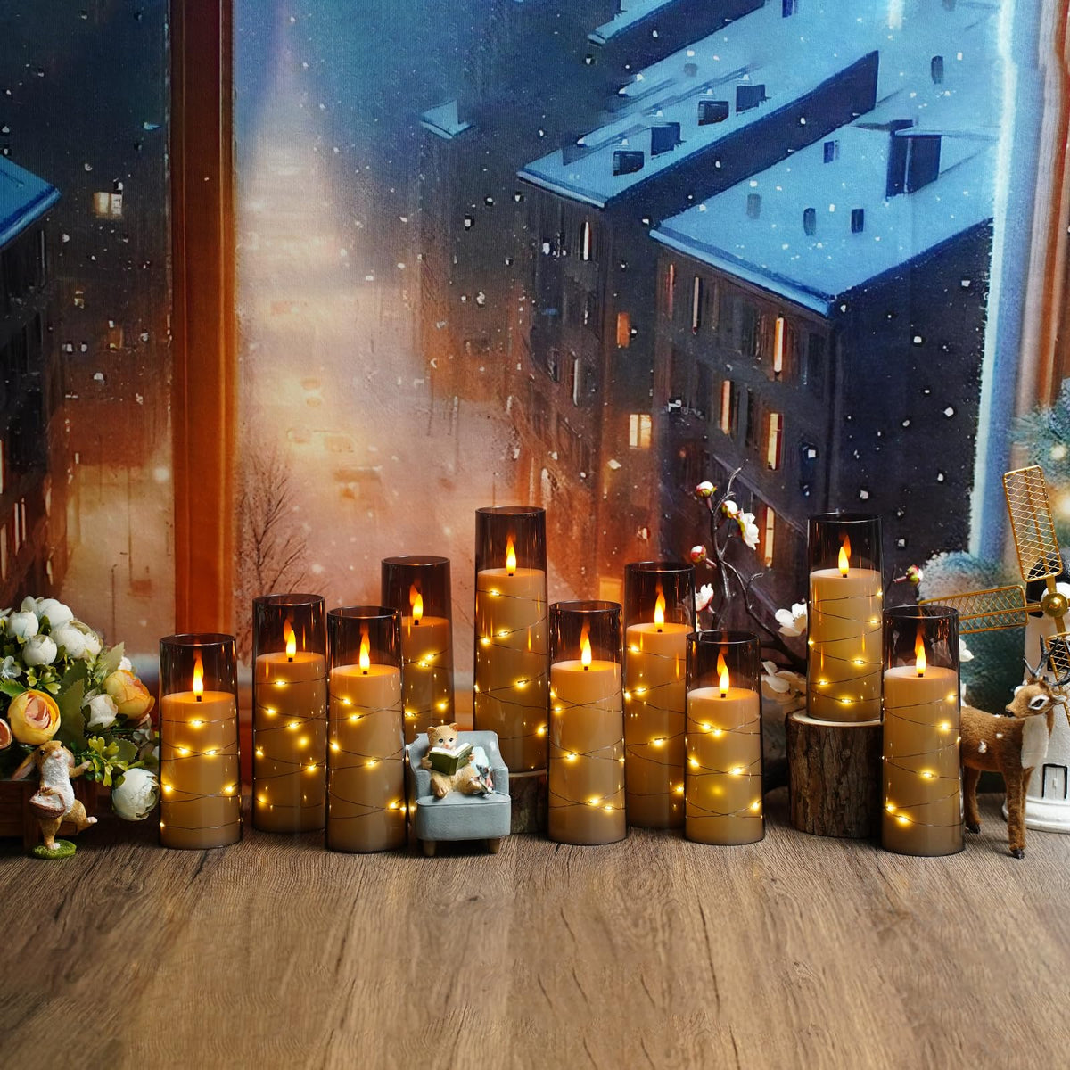 kakoya Flameless LED Candles with Timer 5 Pc Flickering Flameless Candles for Romantic Ambiance and Home Decoration Stable Acrylic Shell,with Embedded Star String，Battery Operated Candles（Grey）
