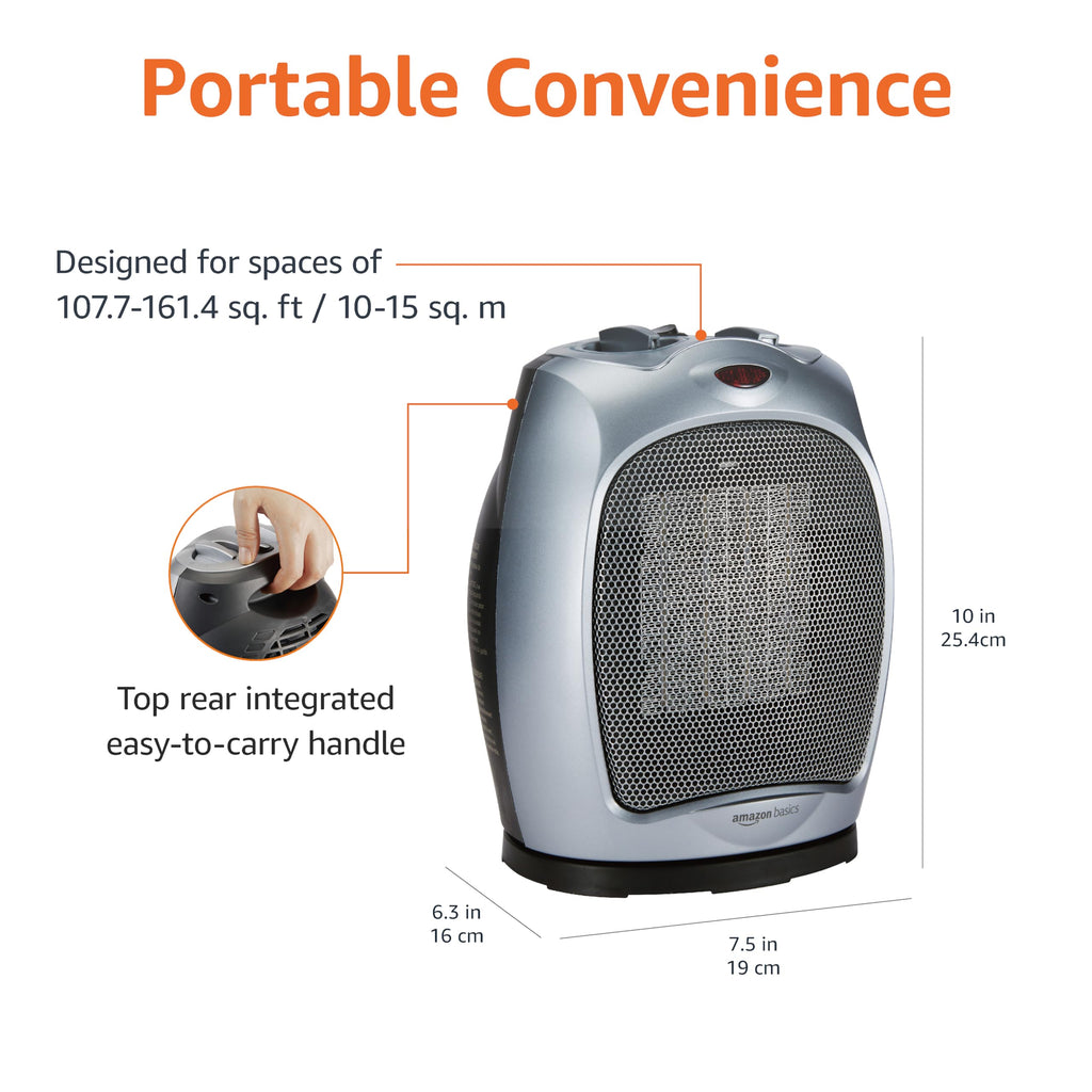 Amazon Basics Ceramic Space Heater, Portable Indoor Heating Solution, With Overheat and Tip-Over Protection, Thermostat, Non-Oscillating, 1500W, 7.52"D x 6.34"W x 9.45"H, Black
