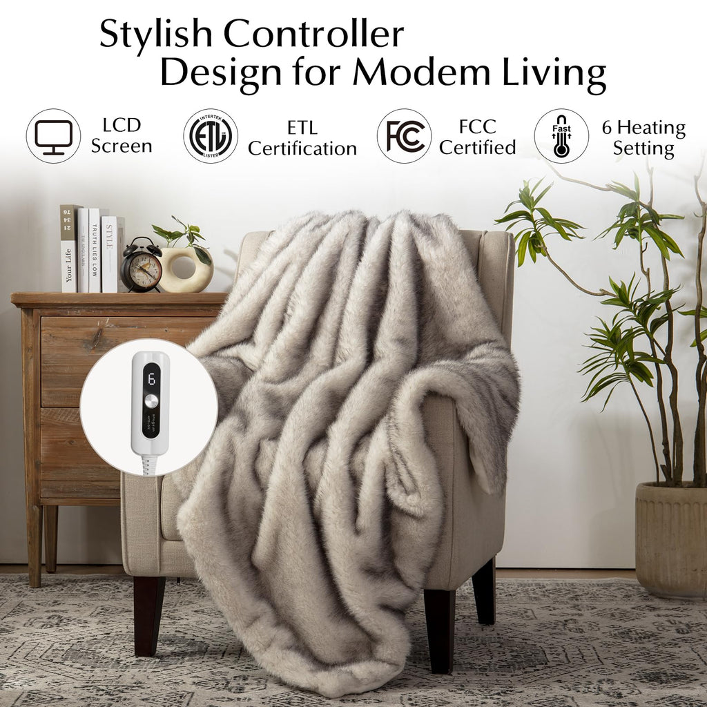 SNUGSUN Heated Blanket Throw Size, Soft and Cozy Electric Heating Blanket for Bed, Automatic Safety System 6 Heating Levels & 4 Hours Auto-Off Gift for Grandma,50" x 60" London Grey
