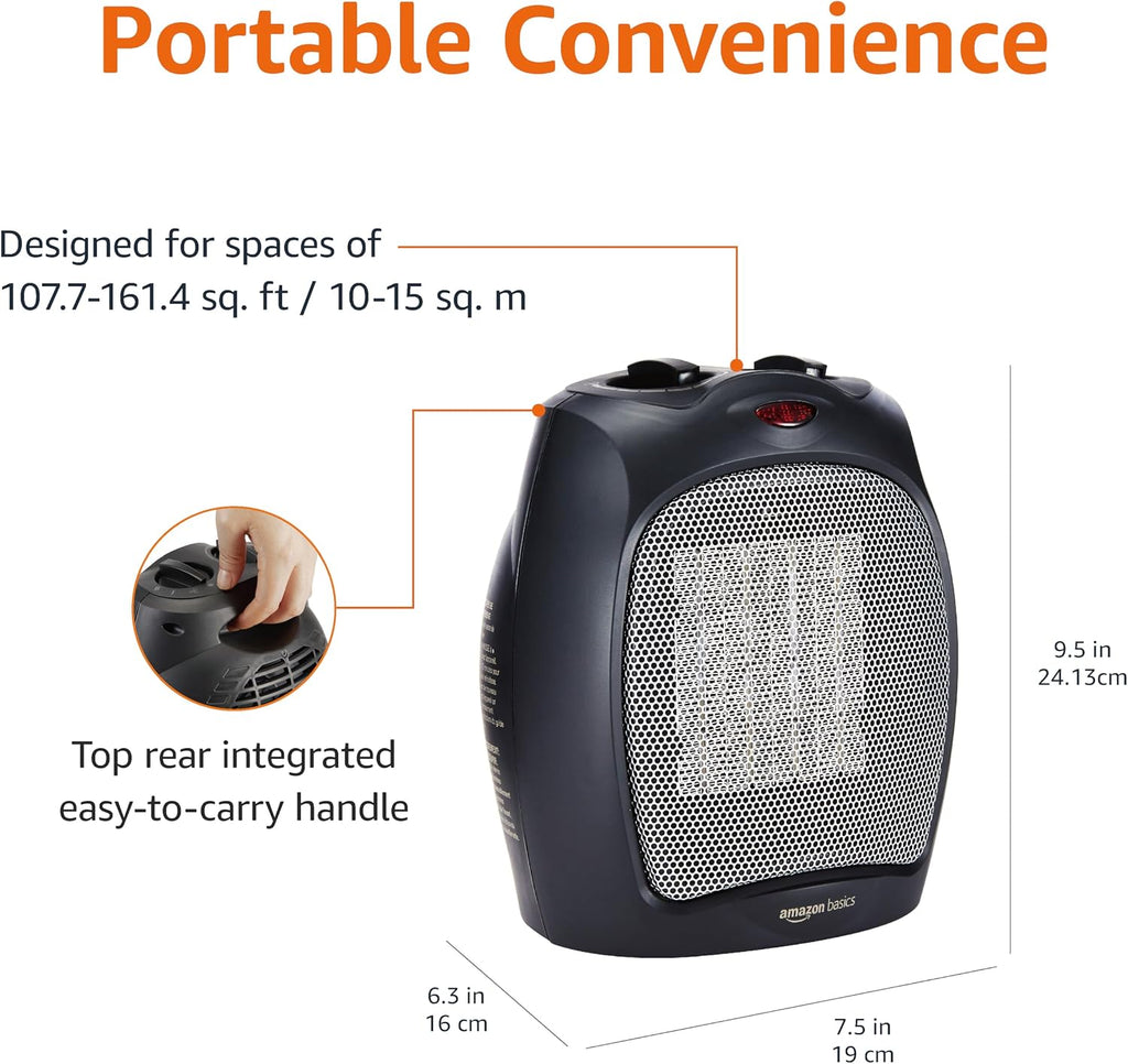 Amazon Basics Ceramic Space Heater, Portable Indoor Heating Solution, With Overheat and Tip-Over Protection, Thermostat, Non-Oscillating, 1500W, 7.52"D x 6.34"W x 9.45"H, Black