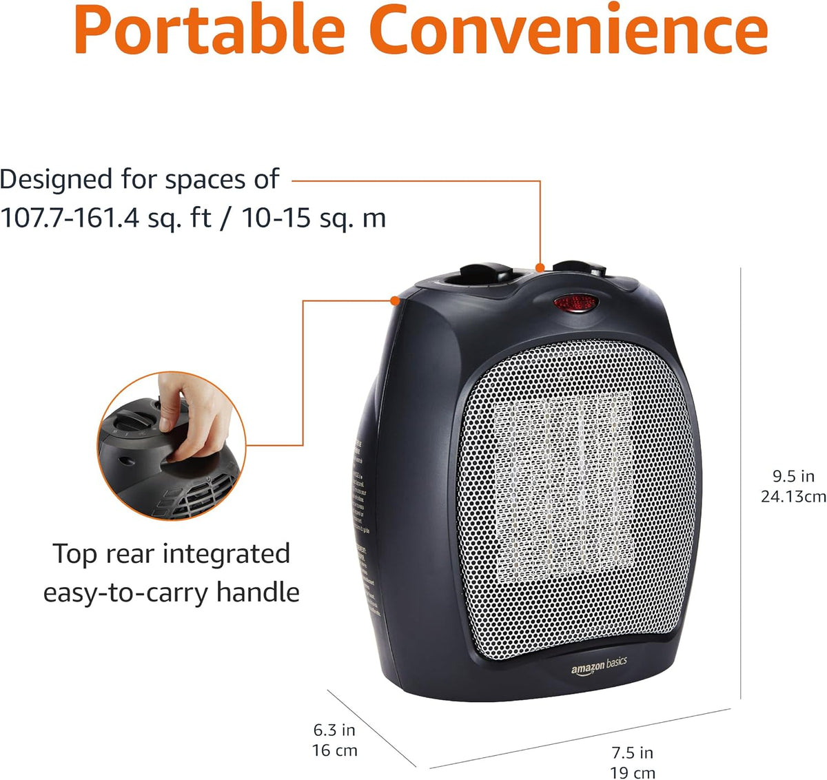 Amazon Basics Ceramic Space Heater, Portable Indoor Heating Solution, With Overheat and Tip-Over Protection, Thermostat, Non-Oscillating, 1500W, 7.52"D x 6.34"W x 9.45"H, Black