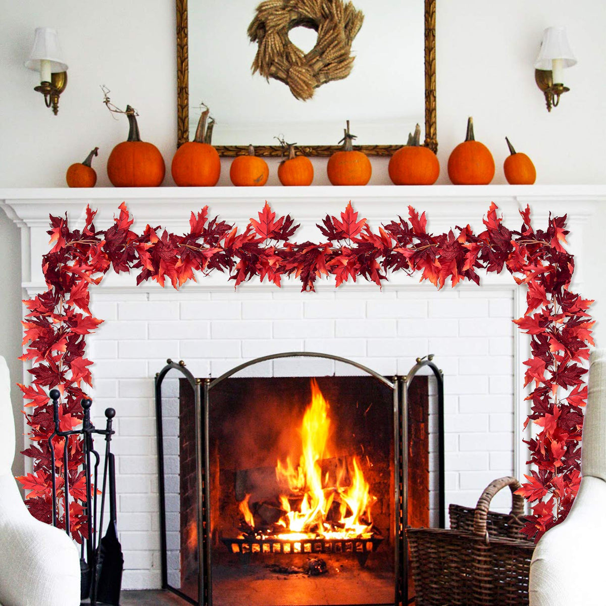 DearHouse 2 Pack Fall Garland Maple Leaf, 5.9Ft/Piece Hanging Vine Garland Artificial Autumn Foliage Garland Thanksgiving Decor for Home Wedding Fireplace Party Christmas (Green)