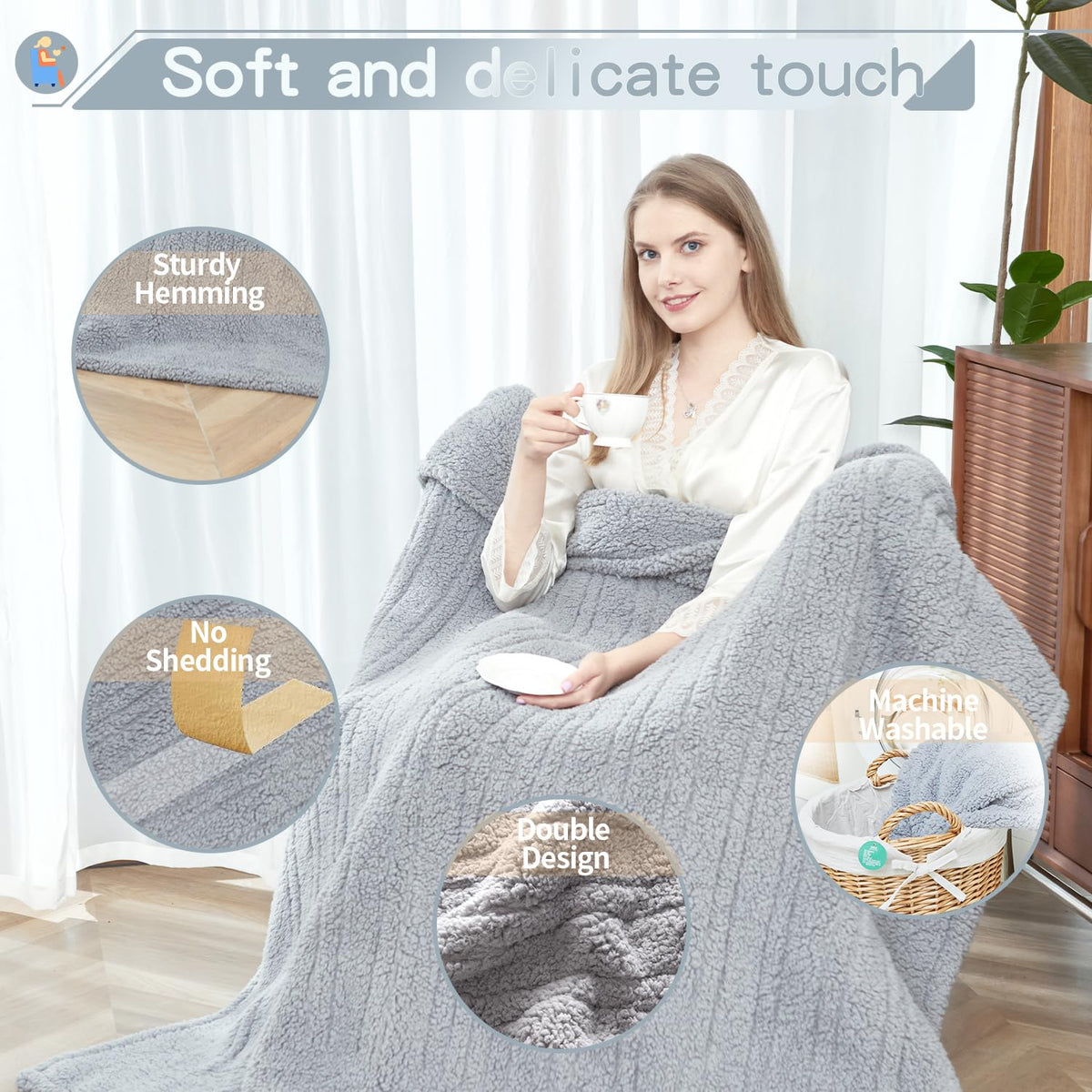 SNUGSUN Heated Blanket Throw Size, Soft and Cozy Electric Heating Blanket for Bed, Automatic Safety System 6 Heating Levels & 4 Hours Auto-Off Gift for Grandma,50" x 60" London Grey
