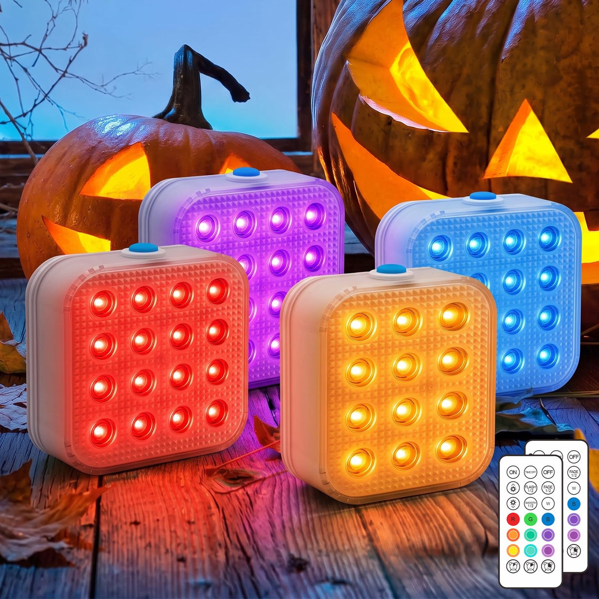 Pumpkin Lights with Remote, Battery Operated Jack O Lantern Lights for Pumpkins, Halloween Decor, Puck, Bathtub, Hot Tub, Party, 4 Pack