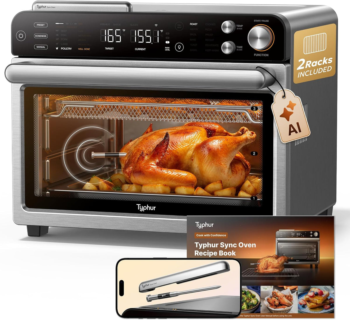 Typhur Sync Air Fryer Oven, Smart AI Wireless Probe, 360° Turbo Convection