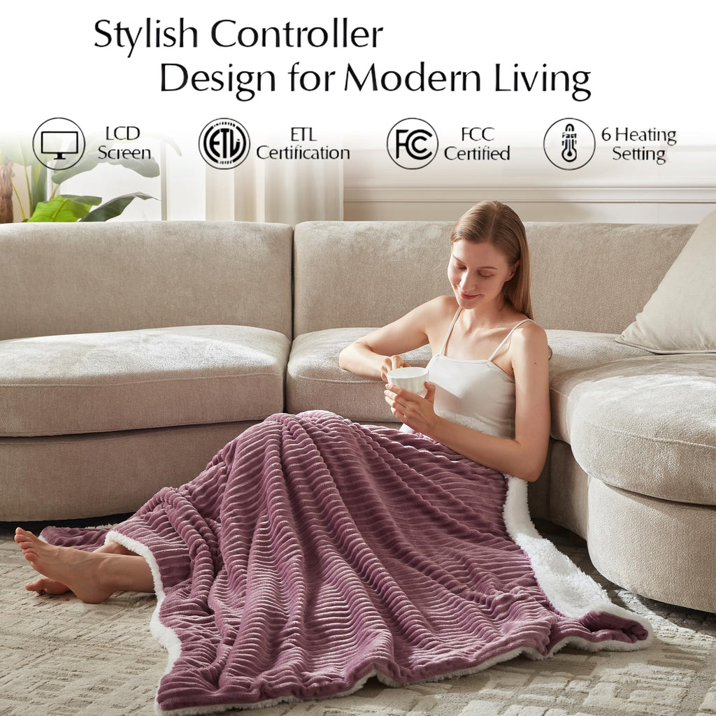 SNUGSUN Heated Blanket Throw Size, Soft and Cozy Electric Heating Blanket for Bed, Automatic Safety System 6 Heating Levels & 4 Hours Auto-Off Gift for Grandma,50" x 60" London Grey