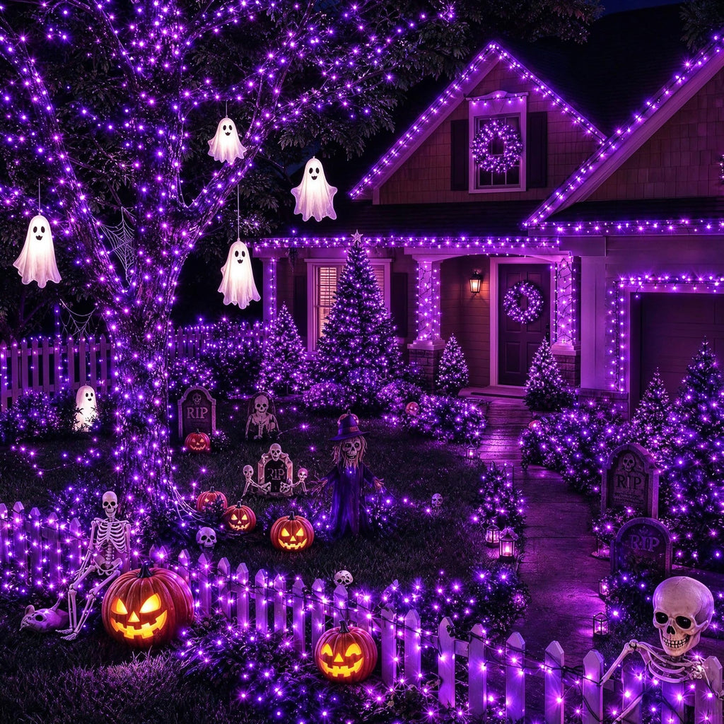 TW SHINE Halloween Lights, 400 LED 132FT Outdoor Halloween Lights Plug in with 8 Modes, Waterproof Christmas Light Outdoor, Indoor Decorations for Party Yard Haunted House Decor, Purple