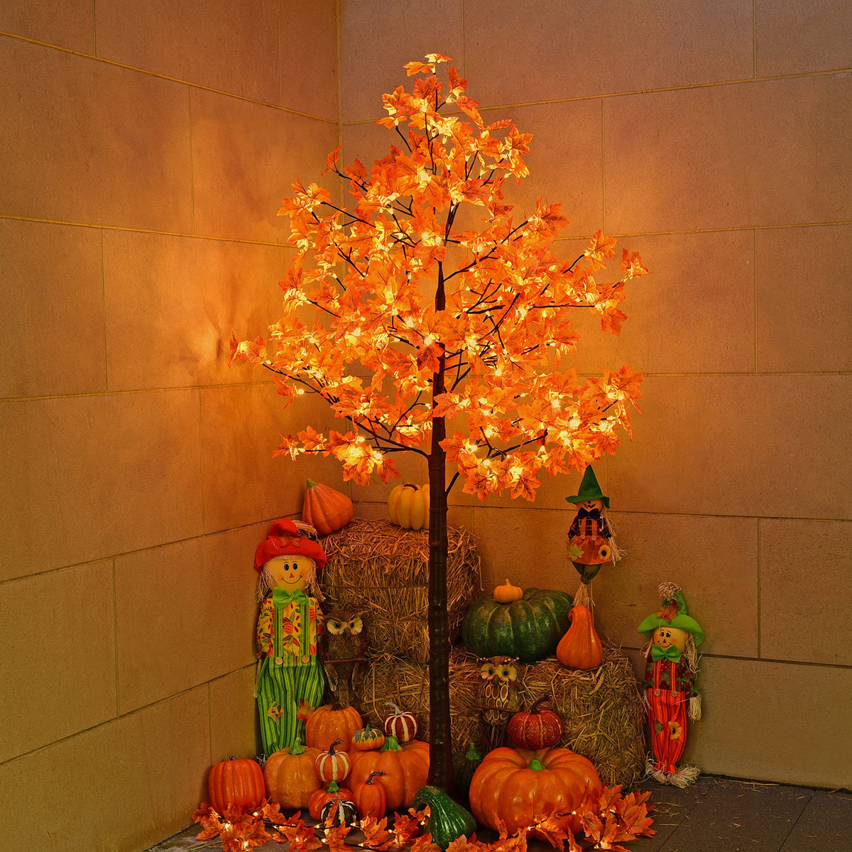 LIGHTSHARE 6FT 120LED Artificial Lighted Maple Tree Warm White Fall Decorations Indoor Ourdoor, Orange