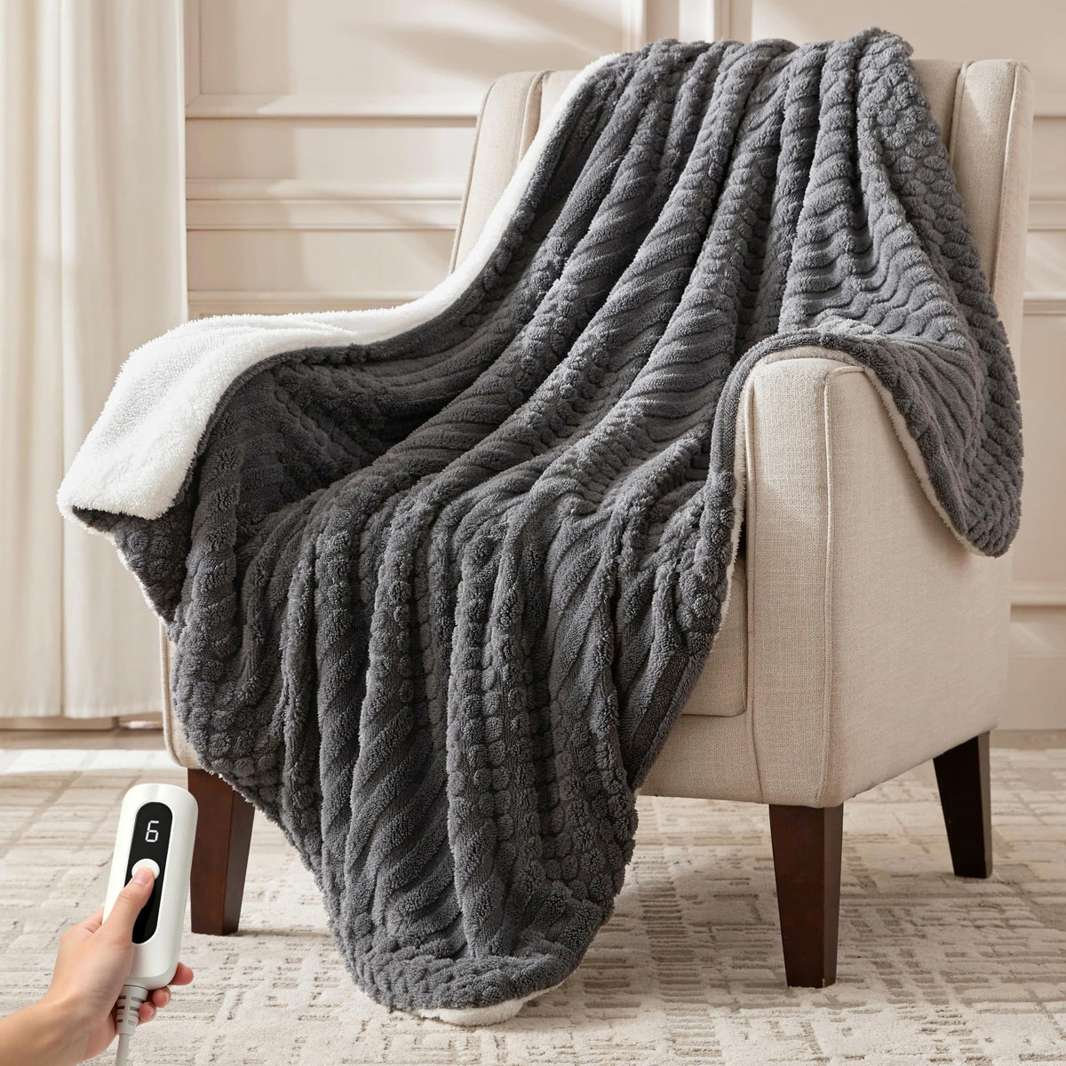 SNUGSUN Heated Blanket Throw Size, Soft and Cozy Electric Heating Blanket for Bed, Automatic Safety System 6 Heating Levels & 4 Hours Auto-Off Gift for Grandma,50" x 60" London Grey