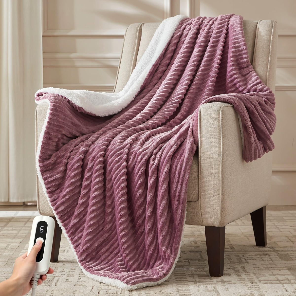 SNUGSUN Heated Blanket Throw Size, Soft and Cozy Electric Heating Blanket for Bed, Automatic Safety System 6 Heating Levels & 4 Hours Auto-Off Gift for Grandma,50" x 60" London Grey